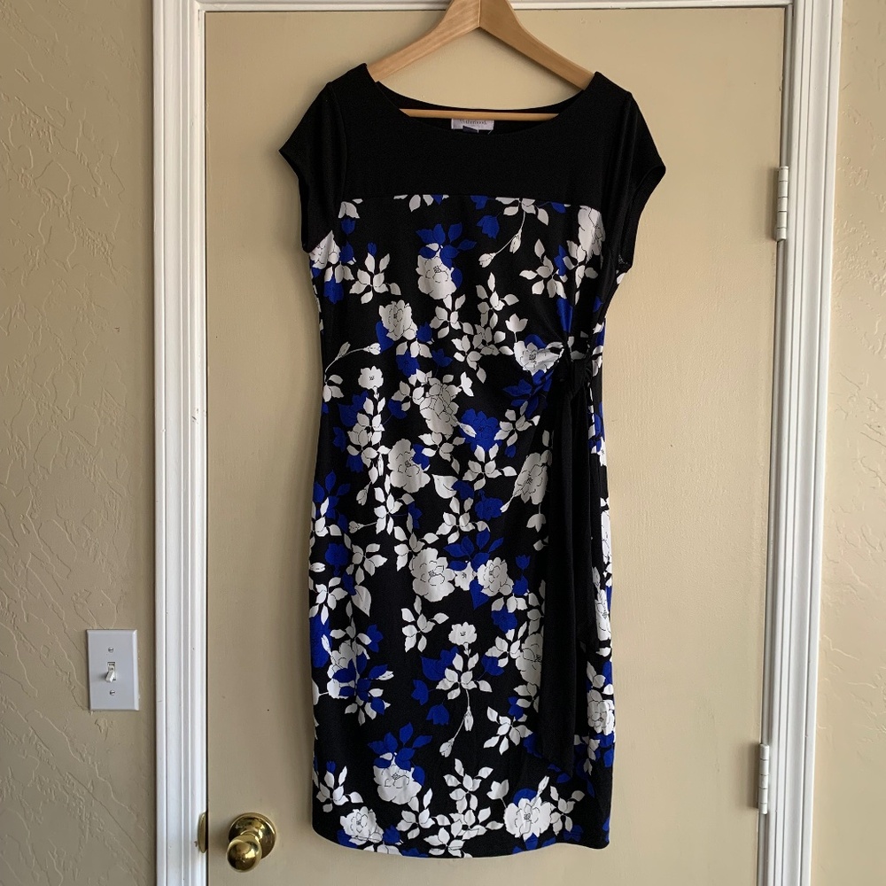 Motherhood Maternity Knit Side Ruched Floral Dress Sz. L Cap Sleeves Stretch